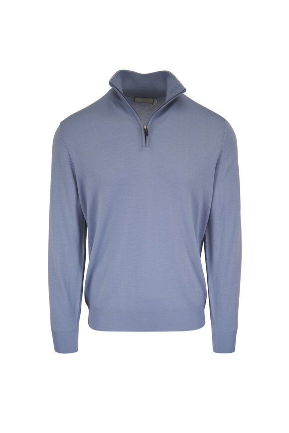 Canali Light Blue Tipped Mock Neck Quarter Zip Pullover - view 1