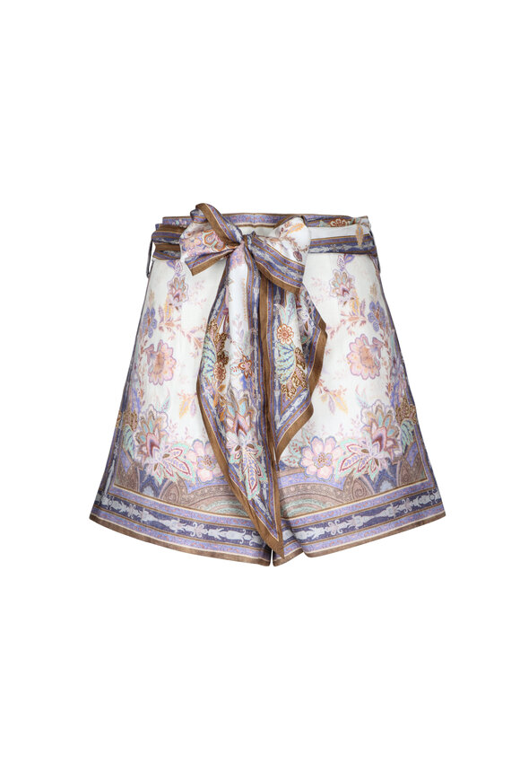 Zimmermann Luna Blue & Cream Scarf Tie Shorts