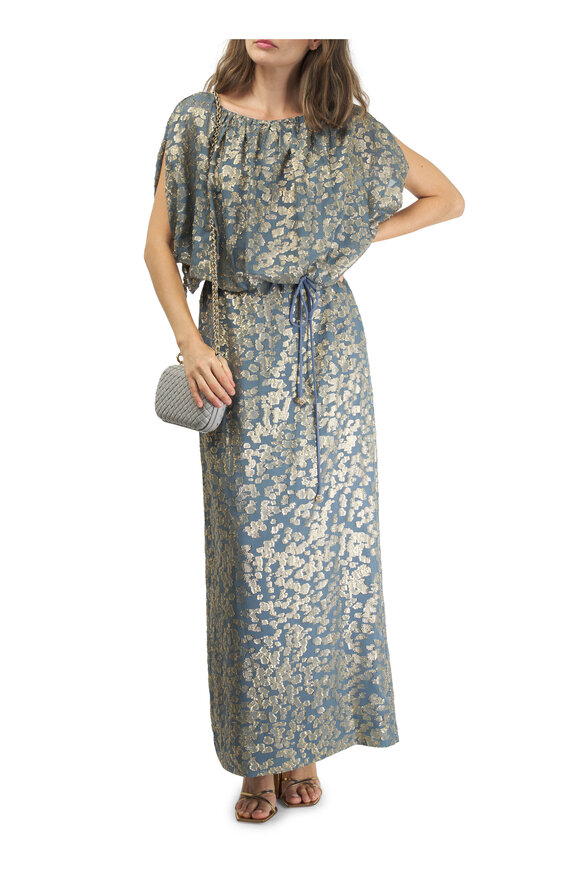 Lafayette 148 New York - Slate Blue Metallic Floating Leaves Blouson Gown