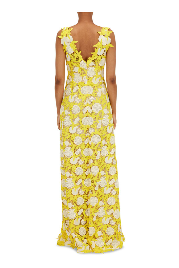 Lela Rose - Lemon Yellow Fruit Guipure Lace V-Neck Maxi Dress