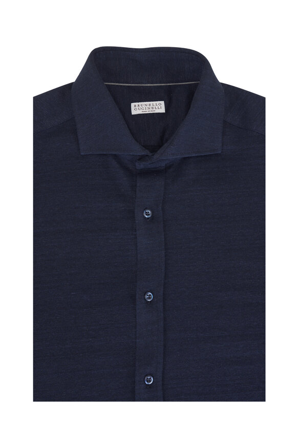 Brunello Cucinelli Navy Blue Jersey Knit Sport Shirt
