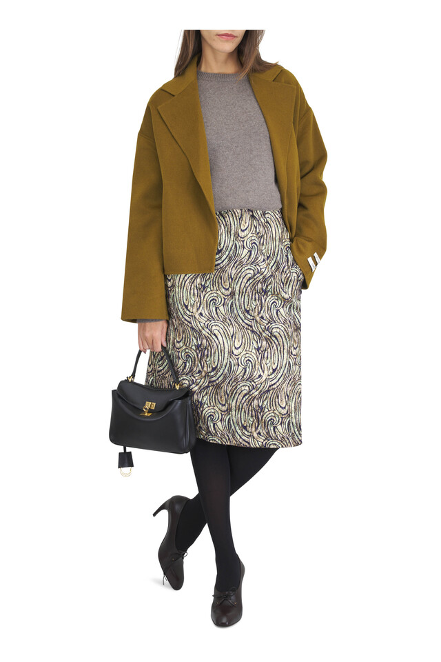 Designer outfit featuring Malt Wool & Cashmere Jacket, Greengold Paisley Waves Print Skirt and 1 other piece