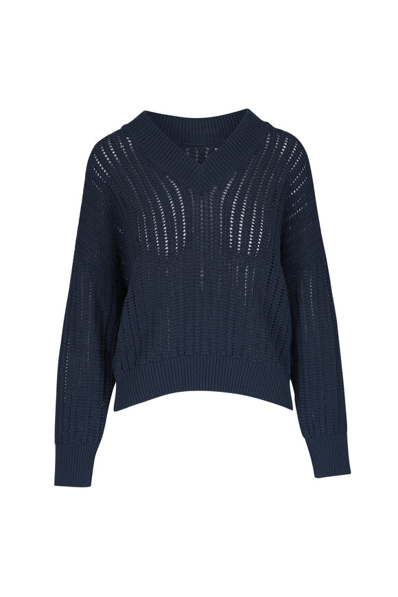 Brunello Cucinelli Navy Cotton Open Knit Sweater