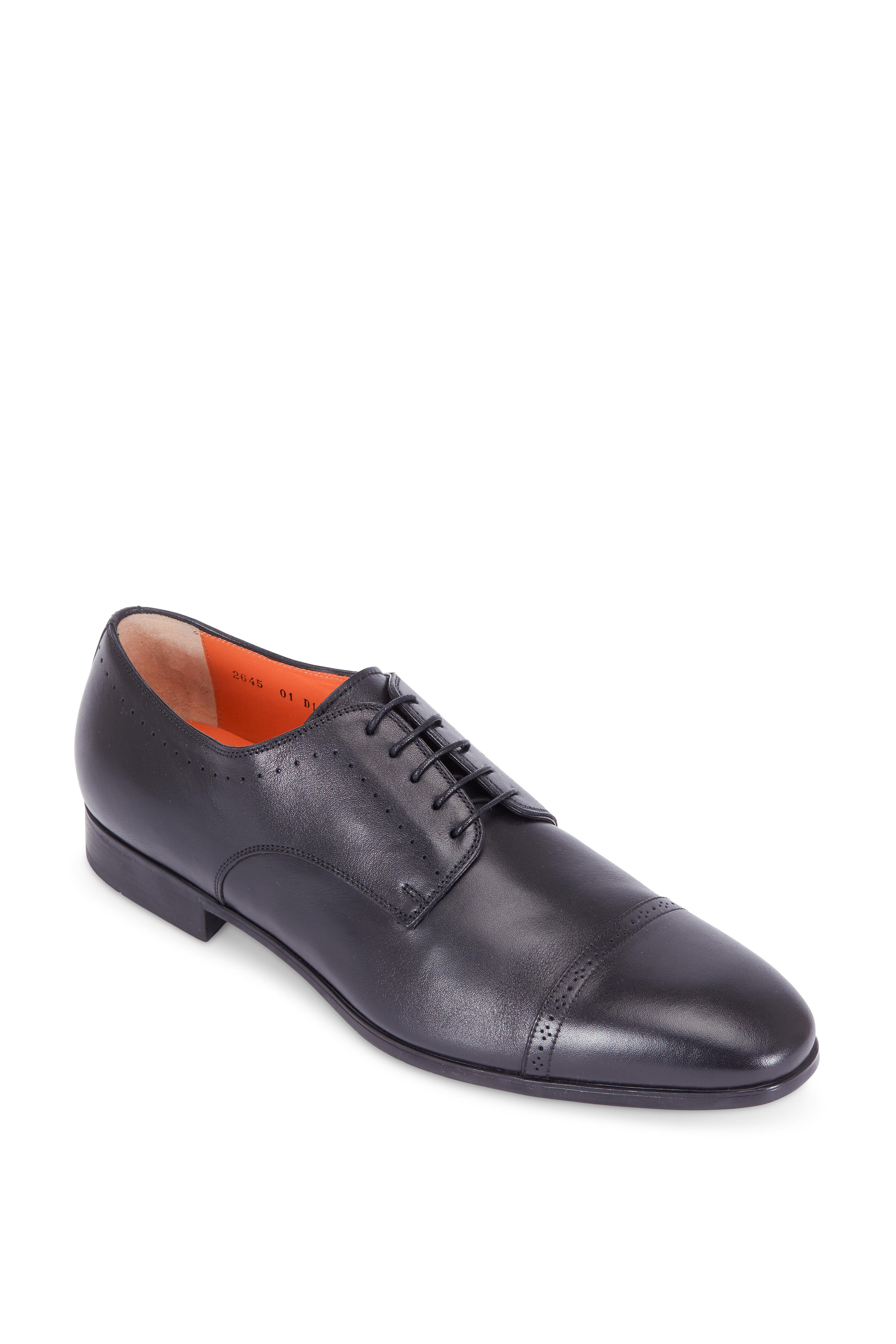 Santoni - Gareth Black Leather Cap-Toe Derby Shoe