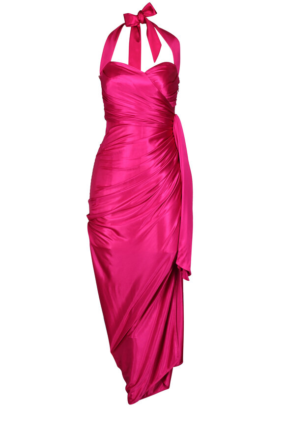 Balmain Raspberry Draped Halter Maxi Dress