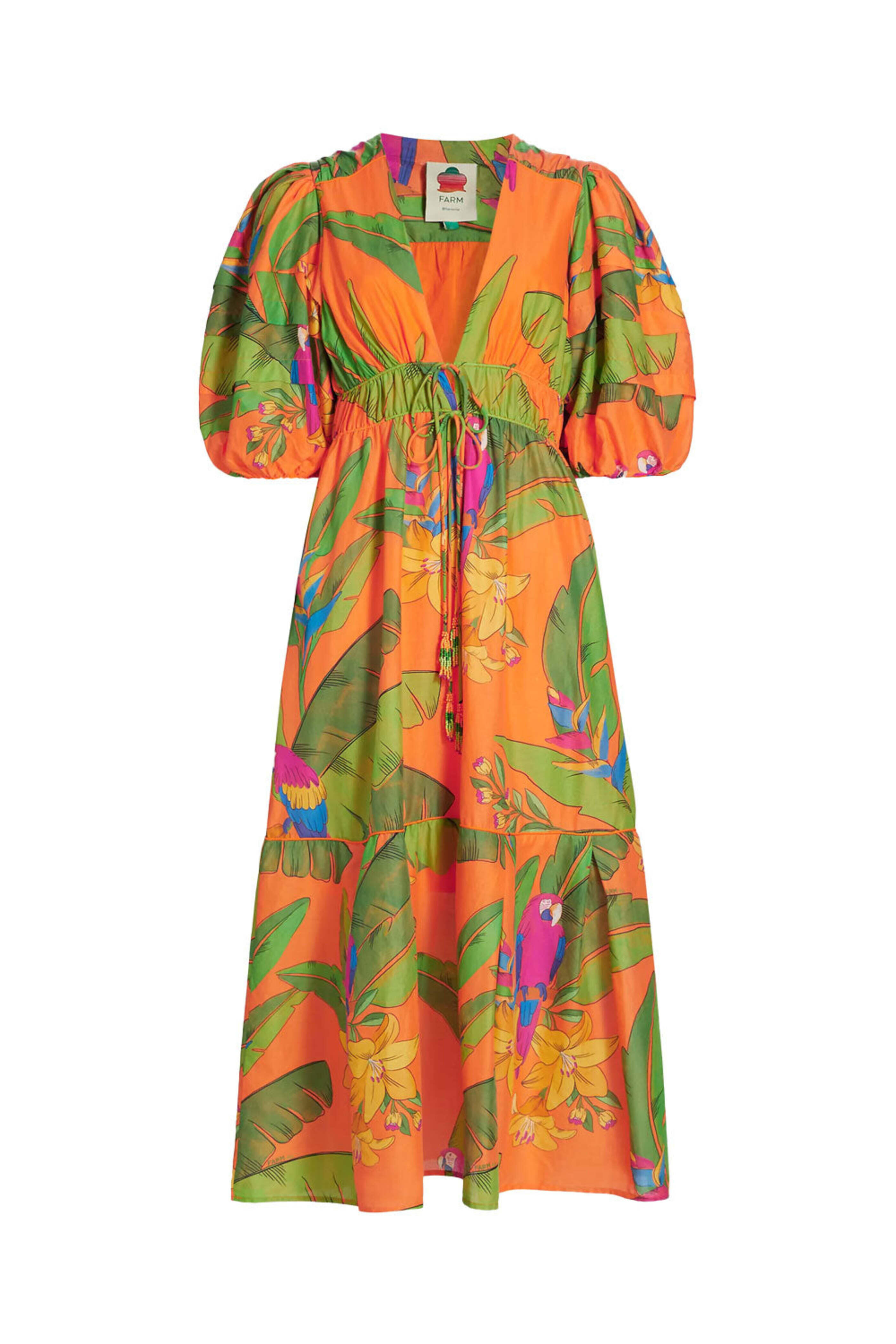 Farm Rio - Orange Fresh Macaws Midi Dress