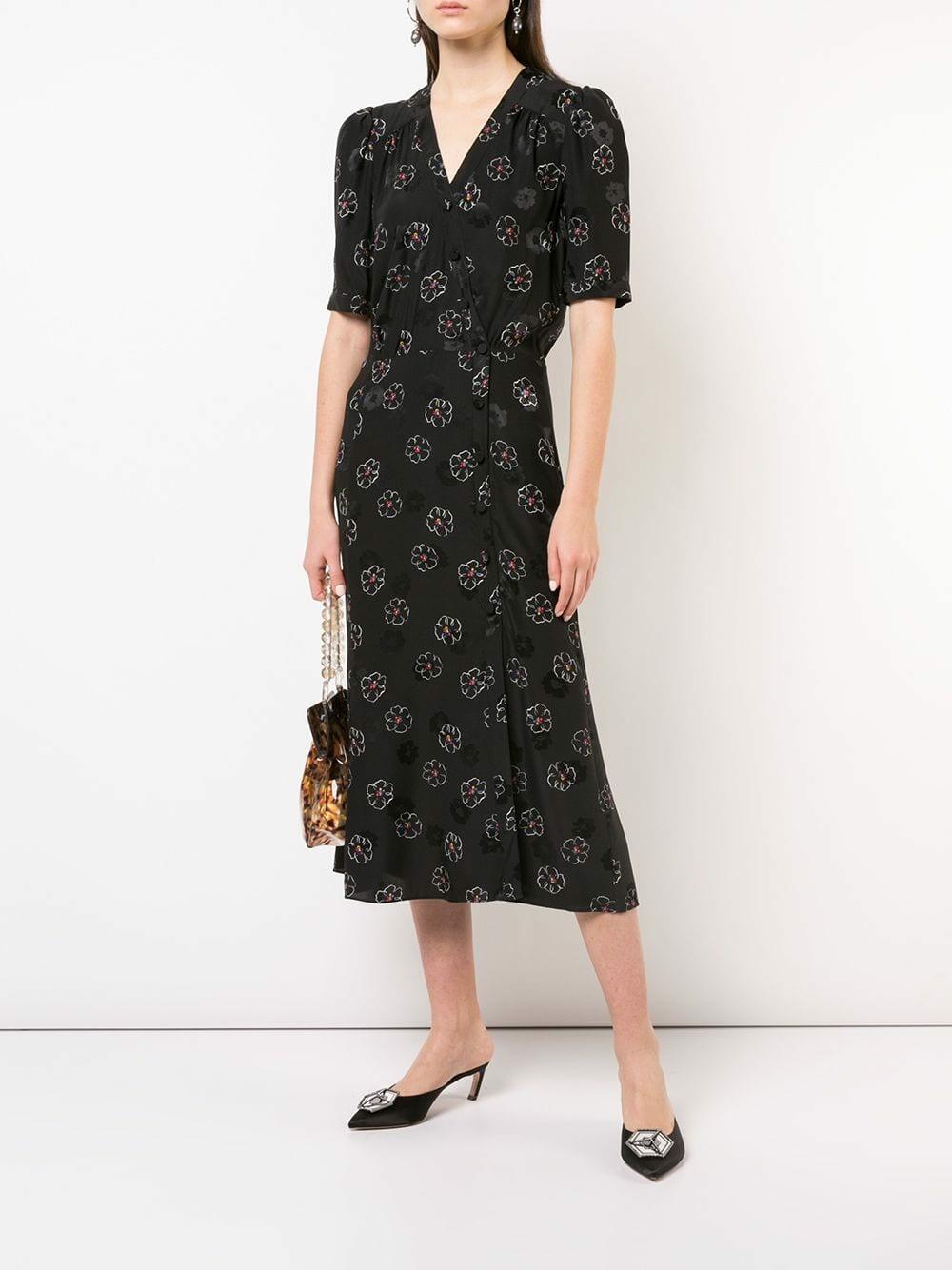 Veronica Beard - Mika Black Floral Print Elbow Sleeve Midi Dress
