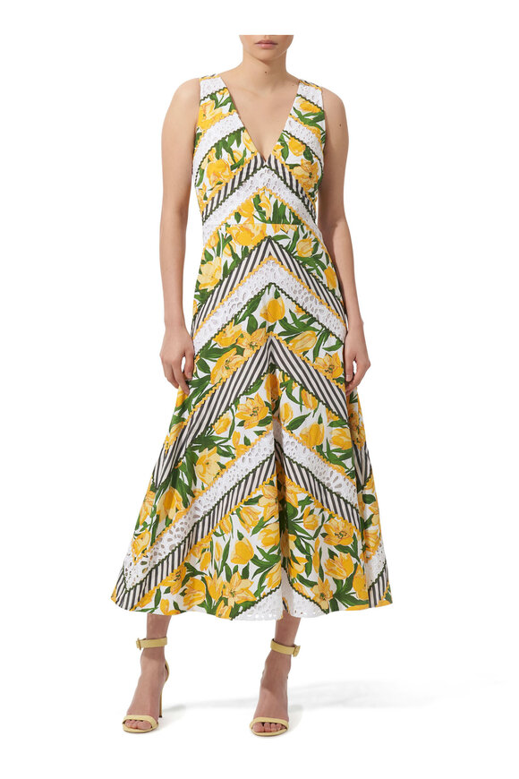 Carolina Herrera - Green & Yellow Embellished V-Neck Dress 