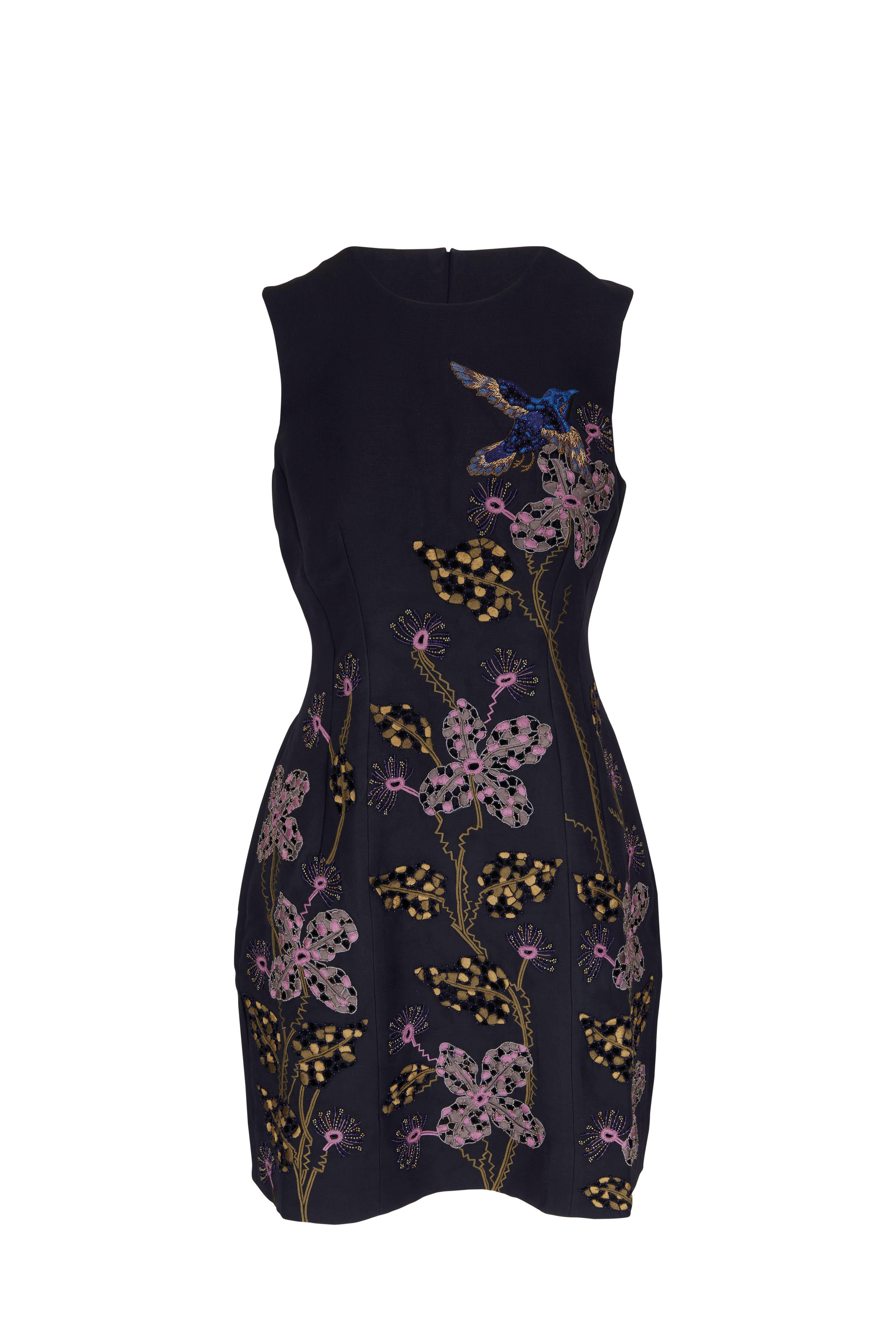 Adam Lippes - Navy Multi Silk Wool Embroidered Sheath Dress