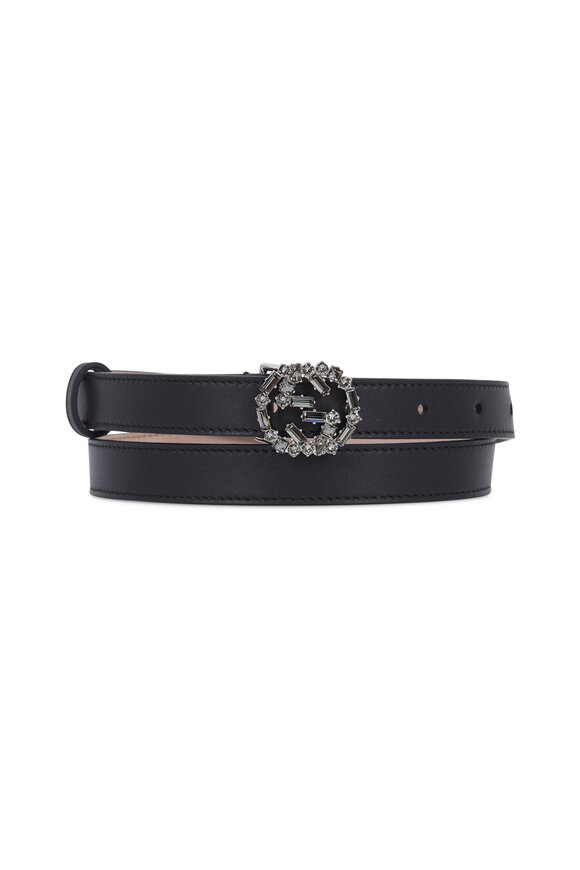 Gucci - Black Leather Crystal Interlocking G Buckle Belt 