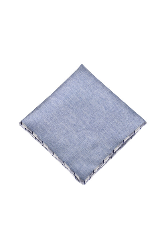 Brunello Cucinelli Light Blue Stripe Trim Silk Pocket Square - view 1