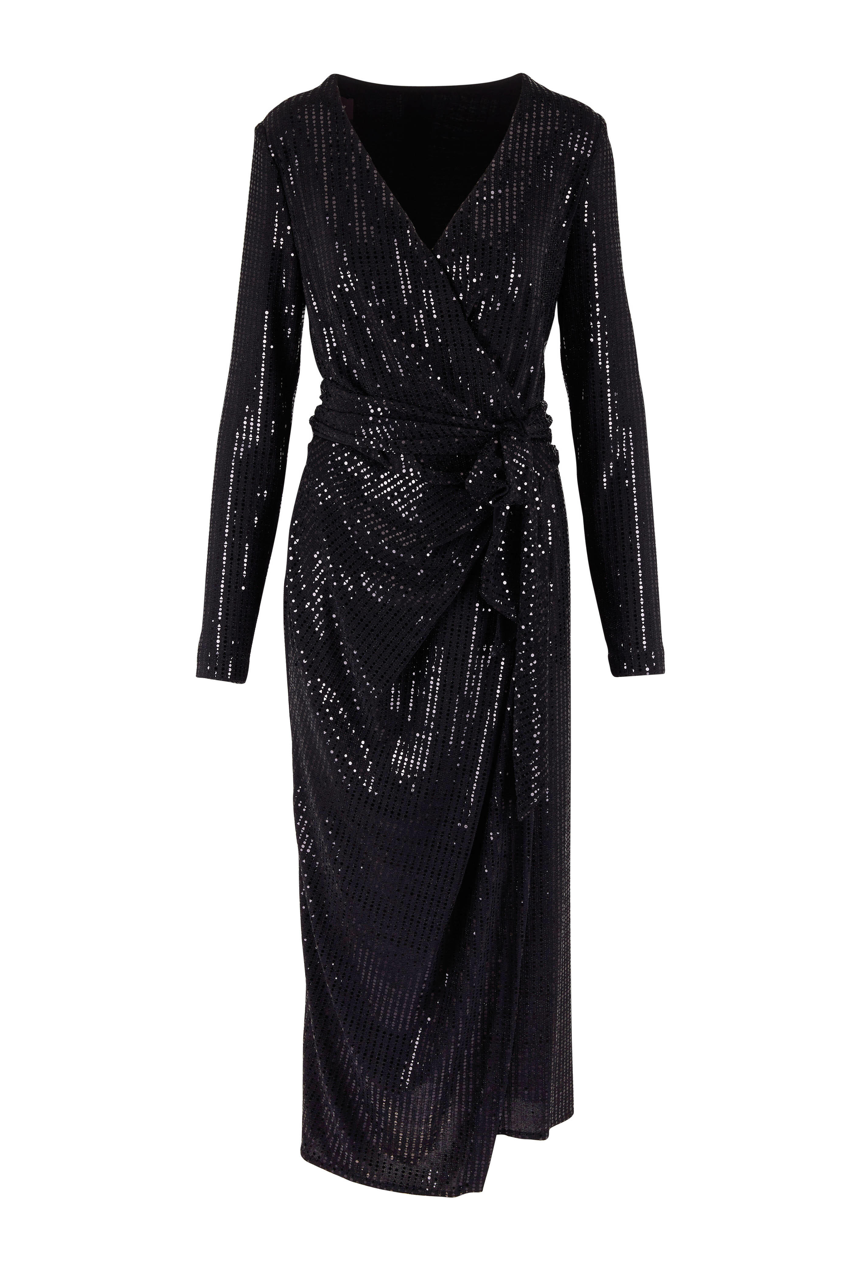 Talbot Runhof - Botin4 Black Sequin Long Sleeve Wrap Dress