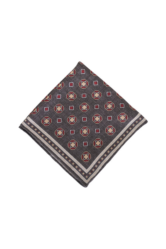 Brunello Cucinelli Gray Circle Print Silk Pocket Square