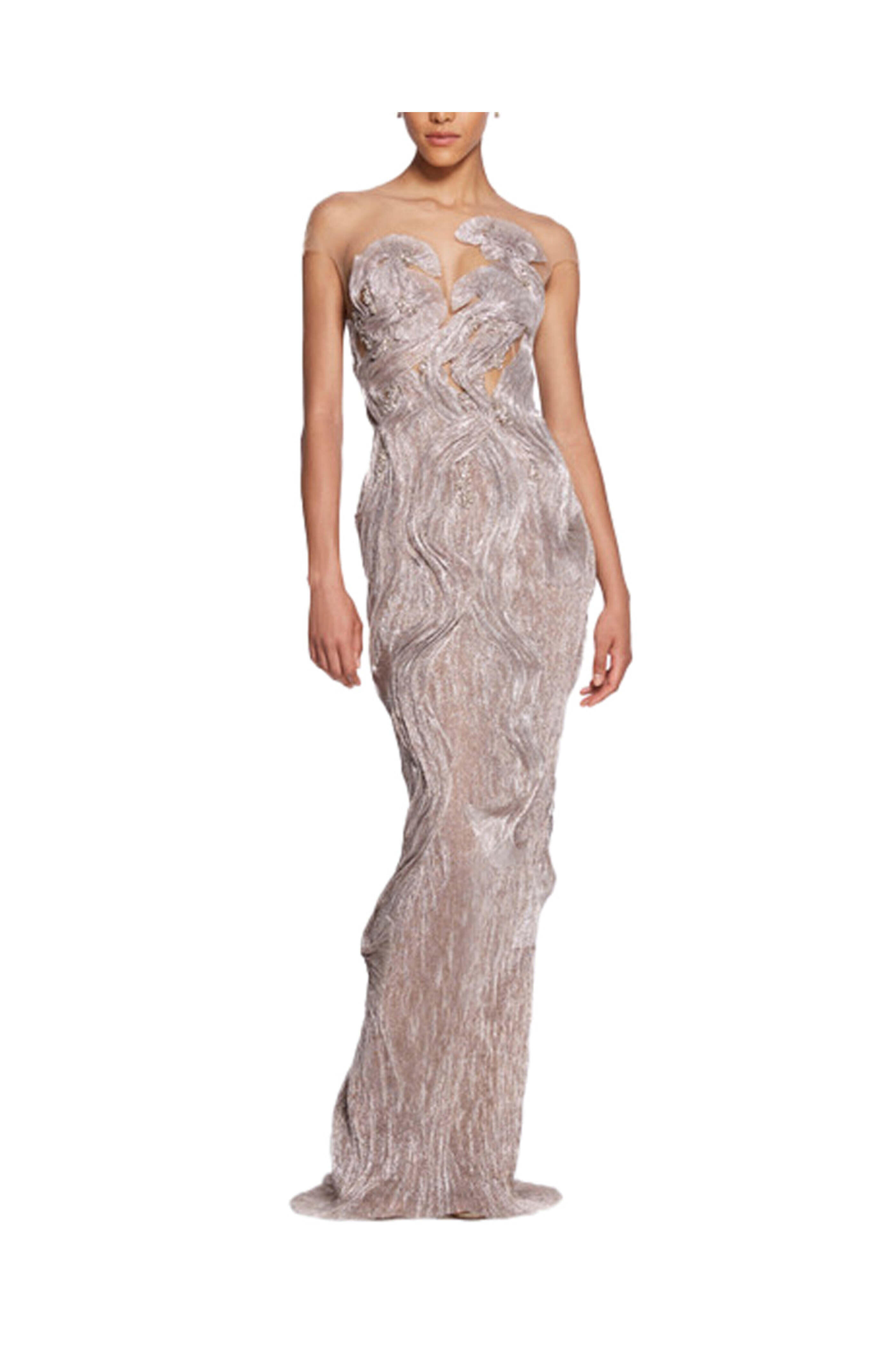 Marchesa - Silver Asymmetrical Micro Pleat Gown