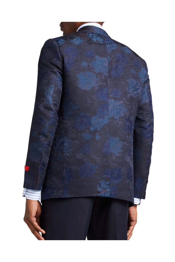 Isaia Navy Blue Floral Pattern Smoking Jacket - view 3