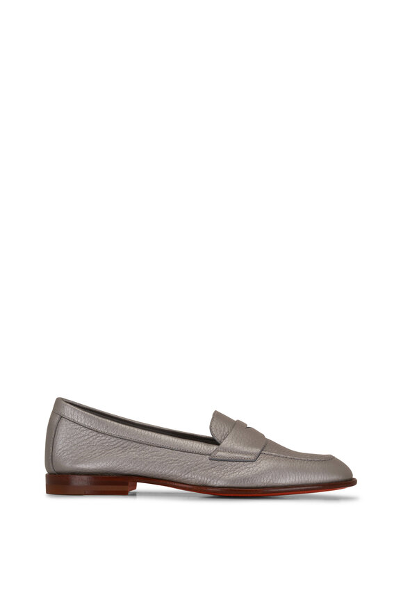 Santoni - Famed Silver Metallic Brushed Leather Loafer 