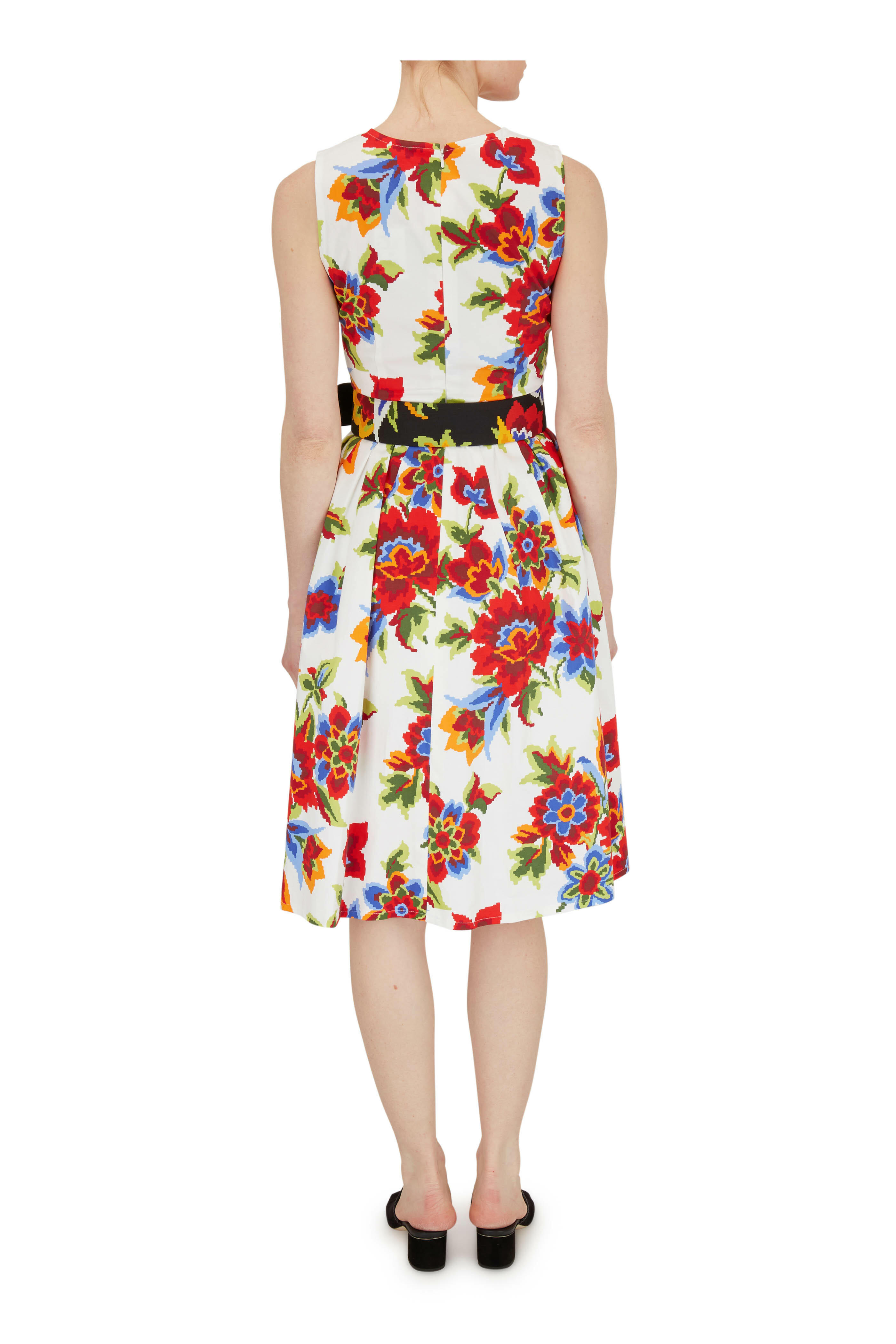 Carolina Herrera - White Multi Cotton Floral Print Sleeveless Dress