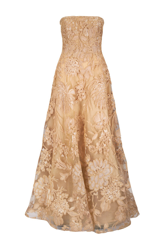 Naeem Khan Beige Floral Raffia Strapless Gown - view 1