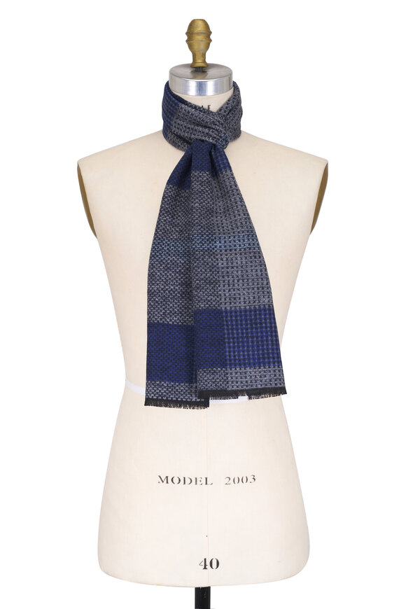 Chelsey Imports Gray & Navy Blue Plaid Brushed Silk Scarf