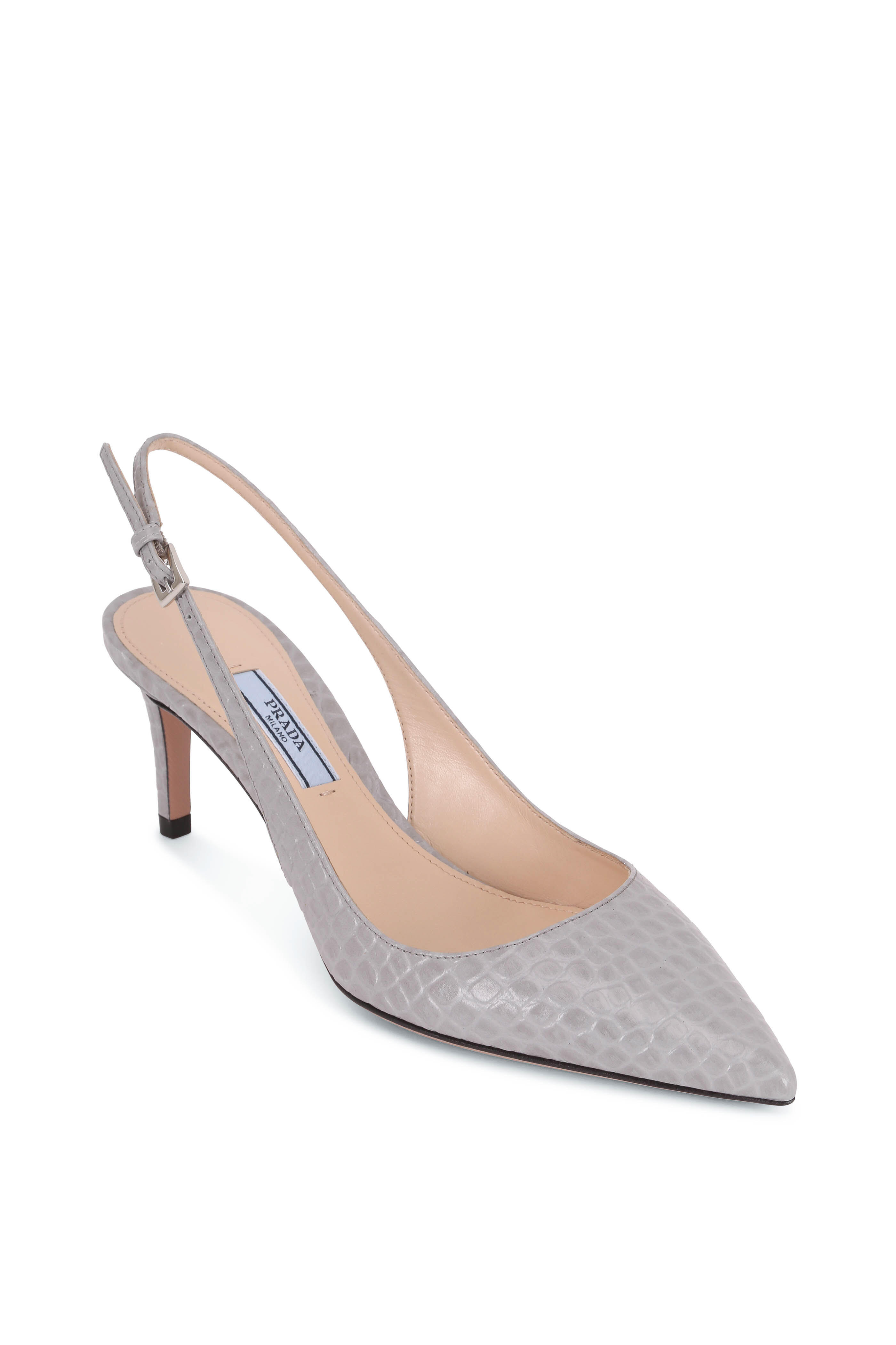Prada - Light Gray Crocodile Effect Slingback, 65mm