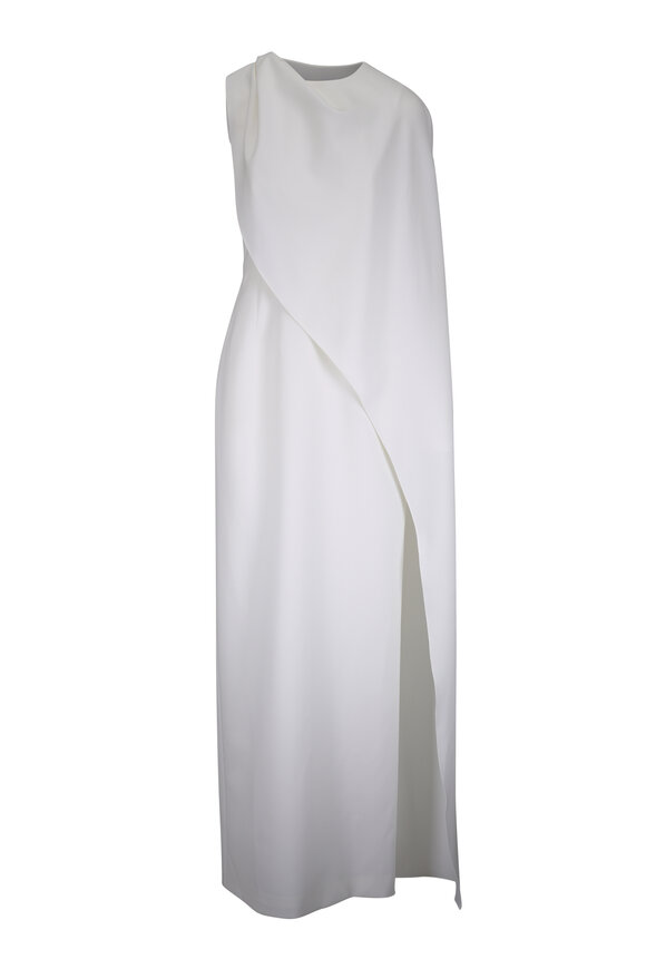 Carolina Herrera White One Shoulder Drape Column Gown