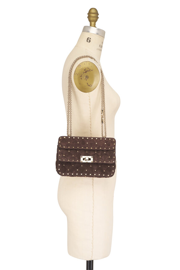 Valentino Garavani Small Rockstud Brown Suede Chain Bag - view 7