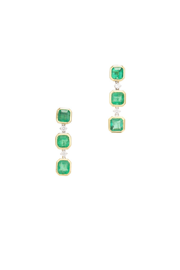 Cairo 18k Yellow Gold 3 Stone Emerald Drop Earring