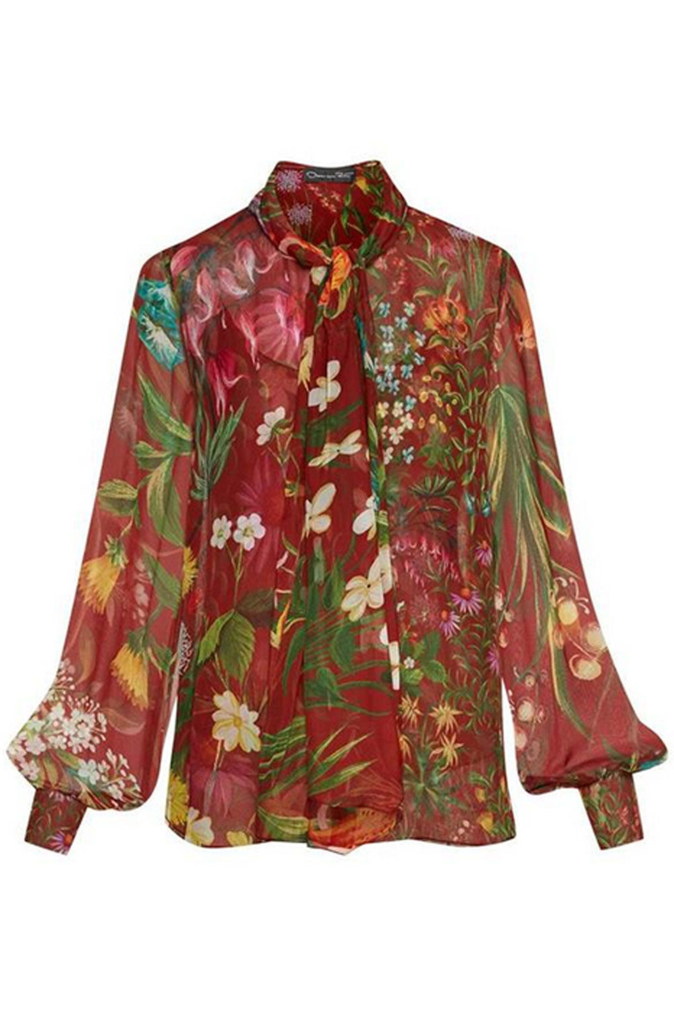 Oscar de la Renta - Rust Floral Tapestry Tie Neck Blouse