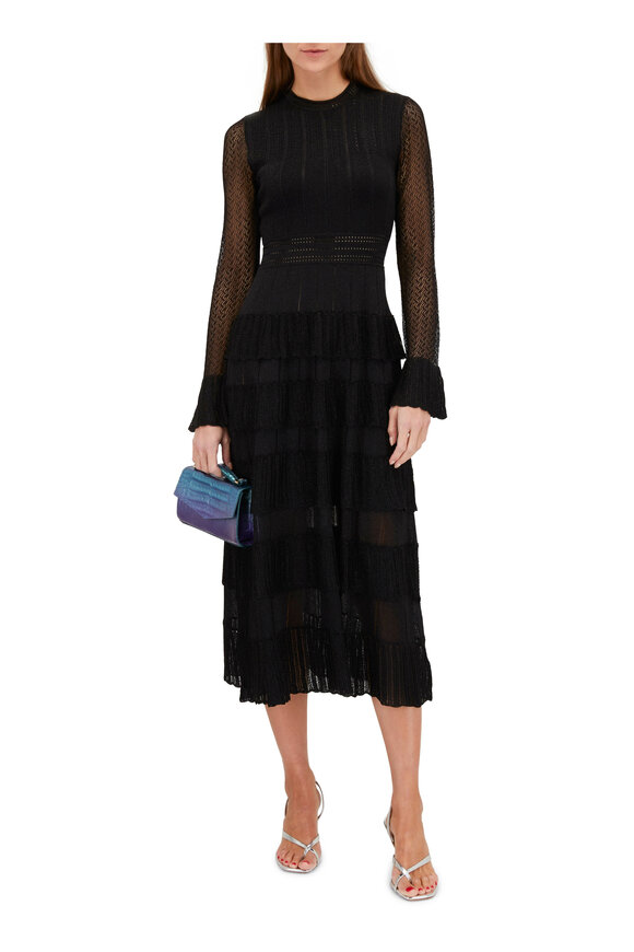 Lela Rose - Black Long Sleeve Lurex Knit Ruffle Midi Dress