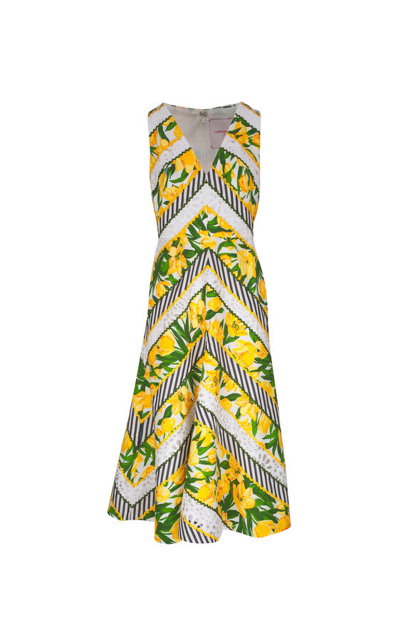Carolina Herrera Green & Yellow Embellished V-Neck Dress 