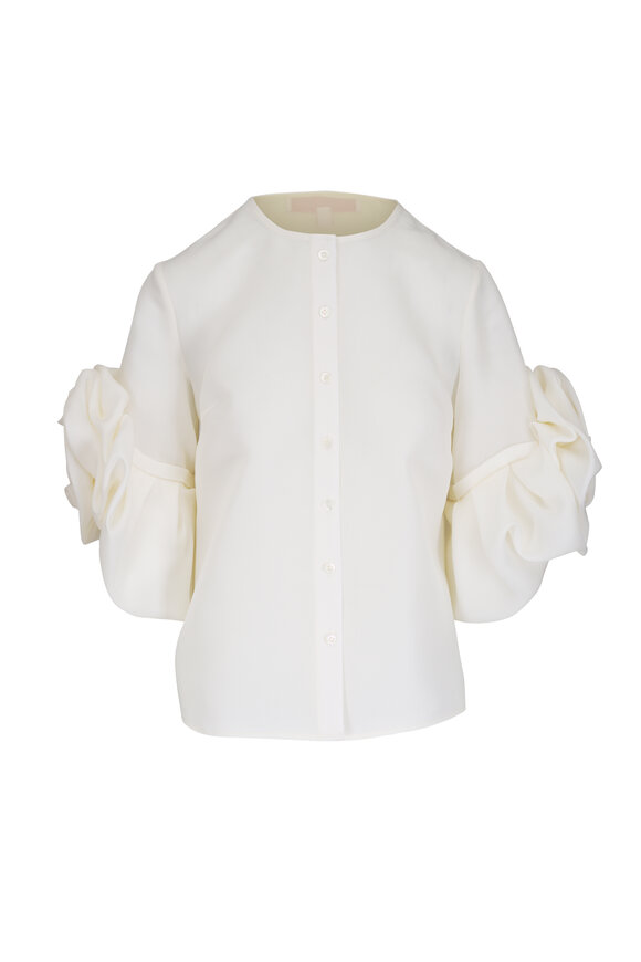 Carolina Herrera Gazar White Rosette Sleeve Silk Blouse