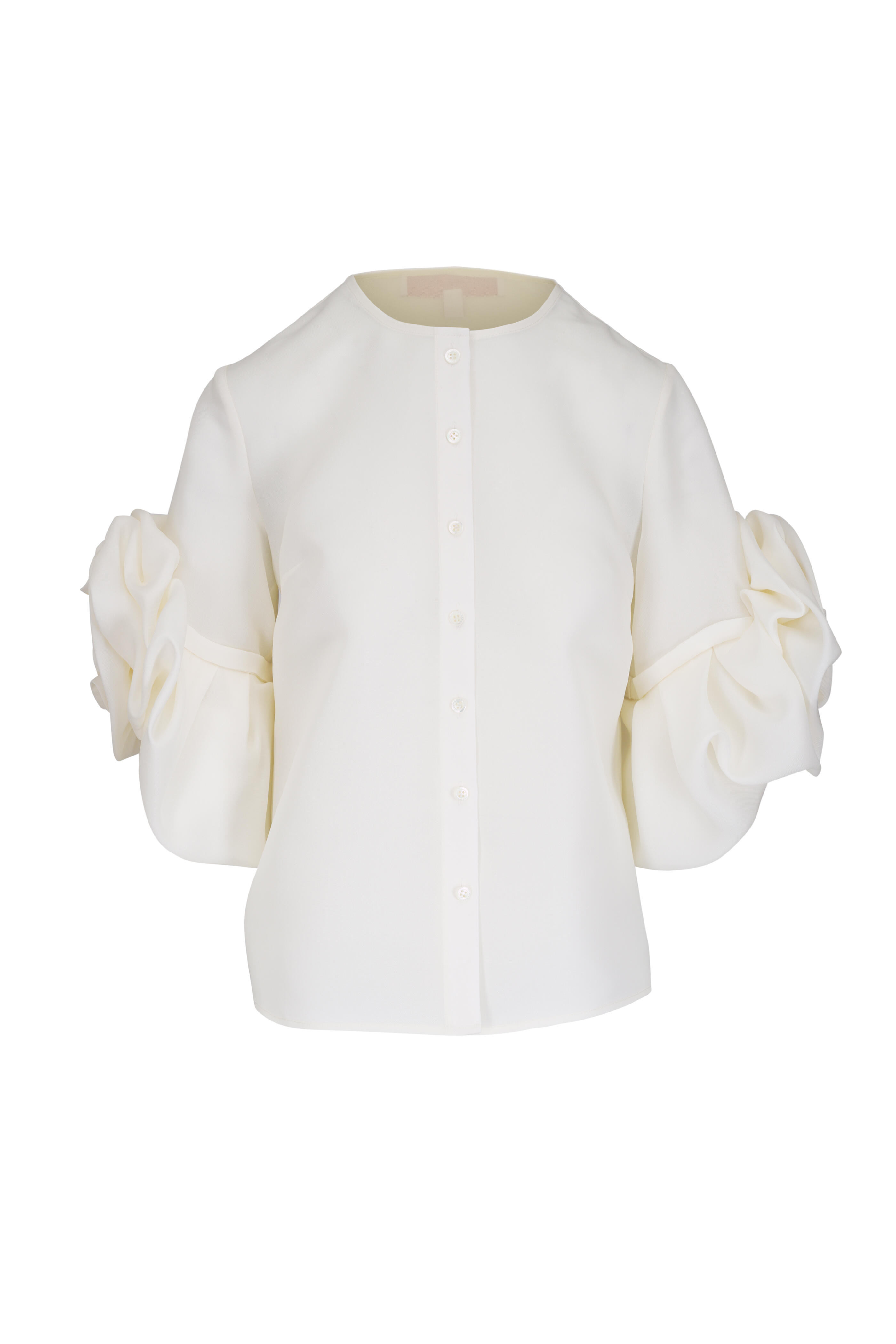 Carolina Herrera - Gazar White Rosette Sleeve Silk Blouse