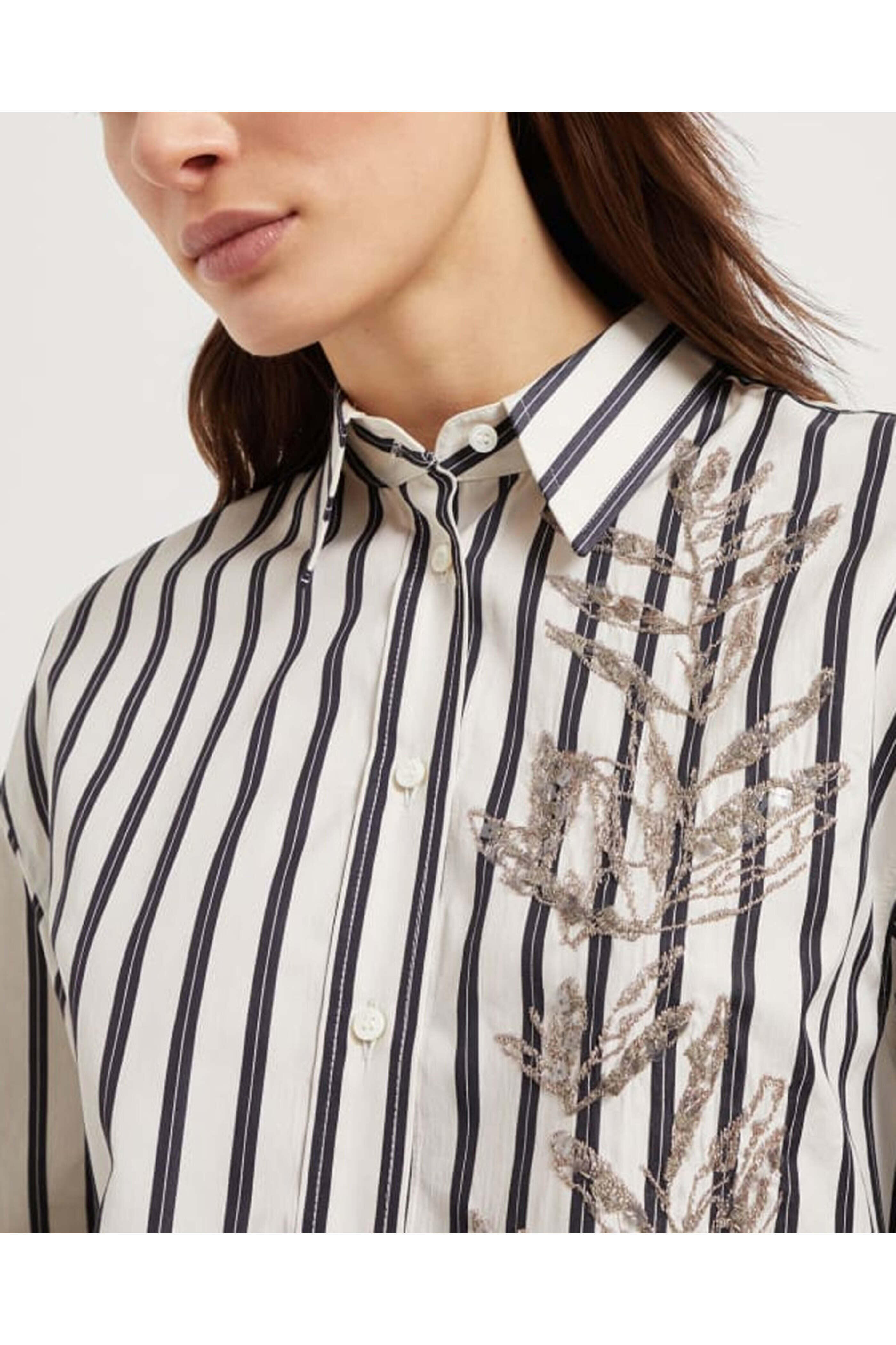 Brunello Cucinelli - White & Black Stripe Herbarium Embroidered Shirt