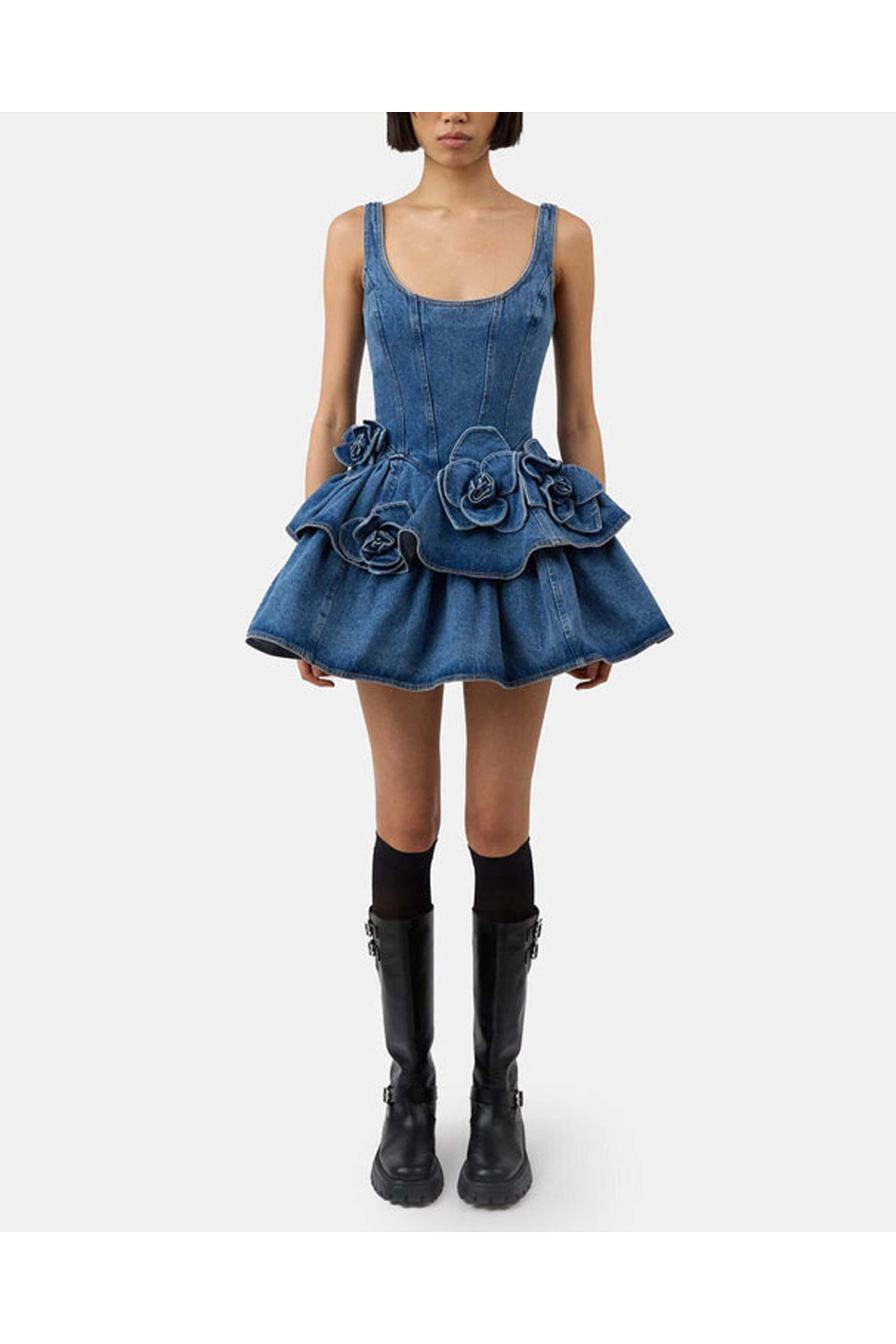 Aknvas - Devyn Denim Ruffle Mini Dress in Saxe Blue