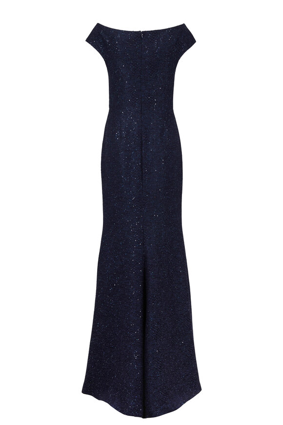 Lela Rose - Navy Sequin Tweed Off-The-Shoulder Gown