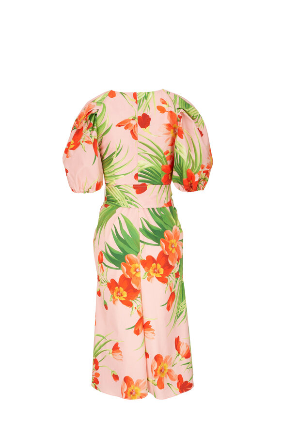 Carolina Herrera - Pink Floral V-Neck Belted Midi Dress