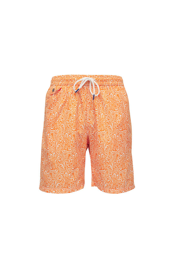 Tiki Orange Floral Print Swim Trunks