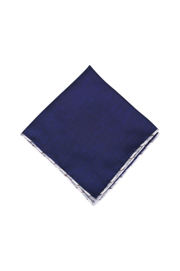 Brunello Cucinelli Navy Blue Stripe Trim Silk Pocket Square - view 1