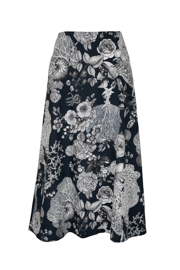 Lela Rose - Navy Seascape Cotton Poplin A-Line Skirt