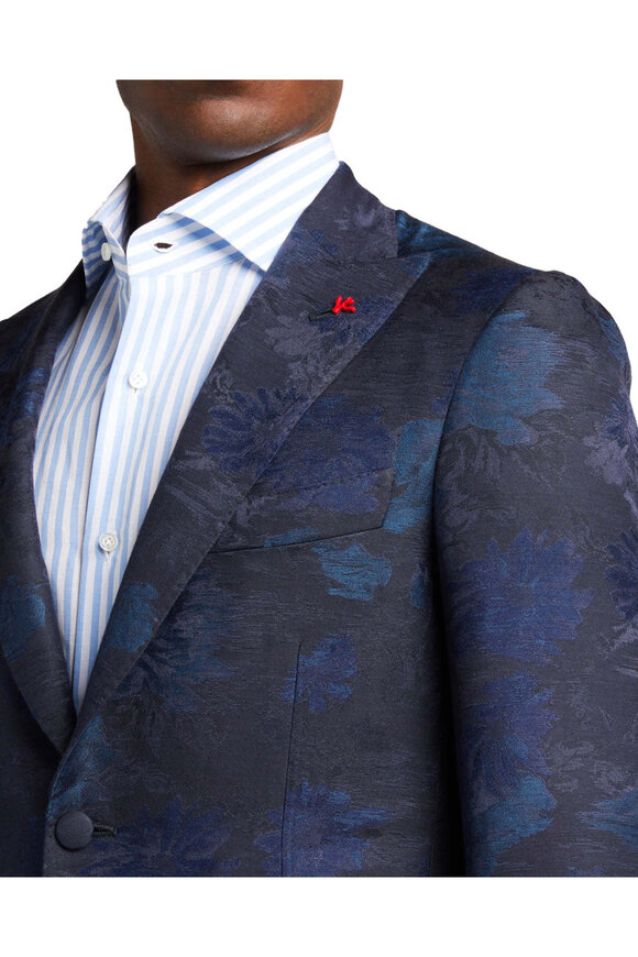Isaia Navy Blue Floral Pattern Smoking Jacket - view 2