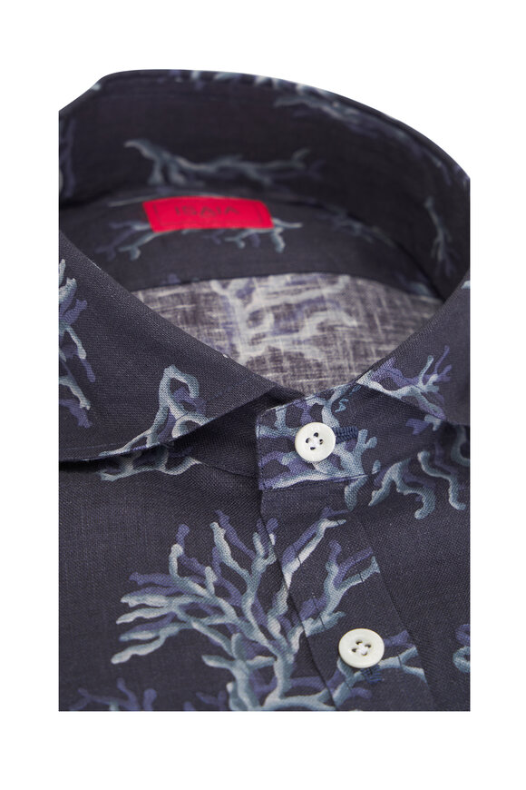 Isaia Navy Blue Coral Printed Sport Shirt - view 3