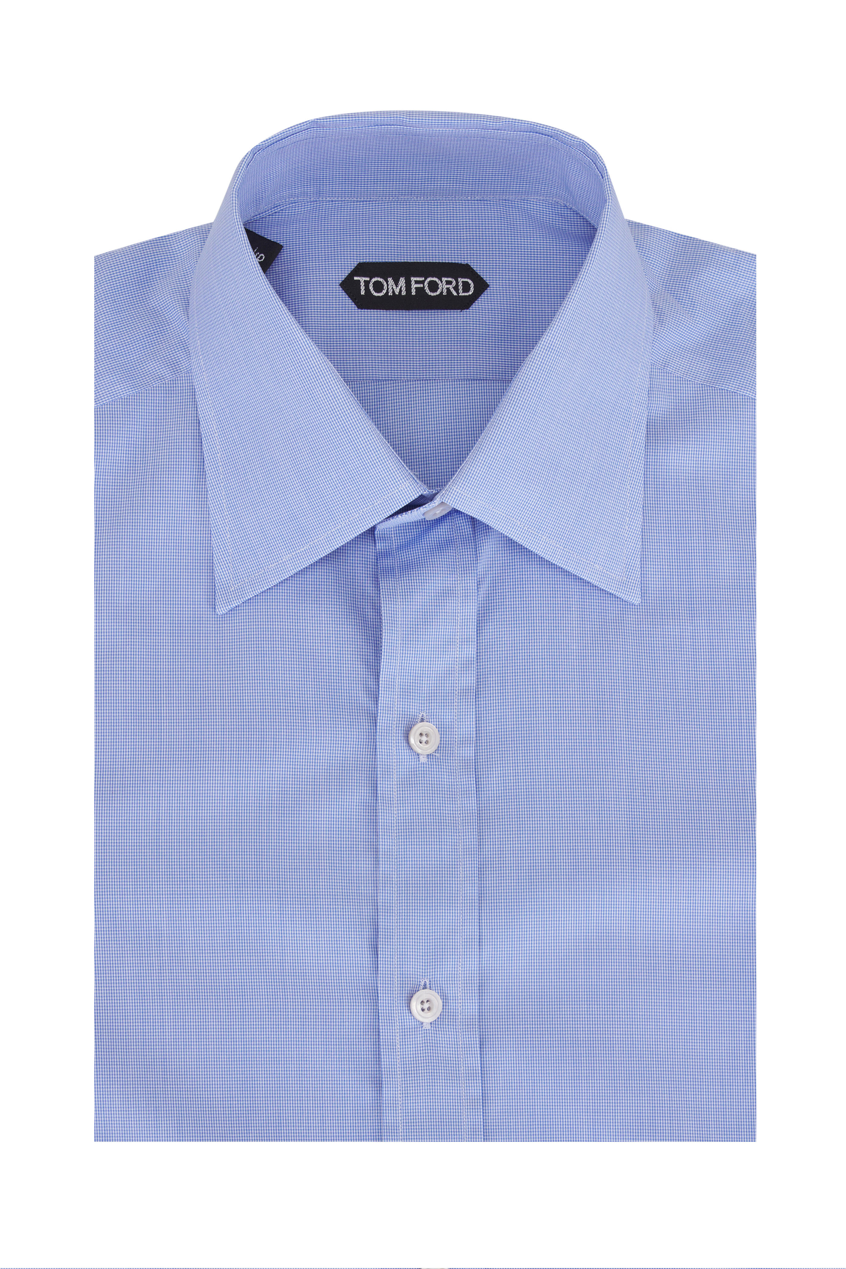 Tom Ford - Dobby Blue Micro Check Cotton Dress Shirt