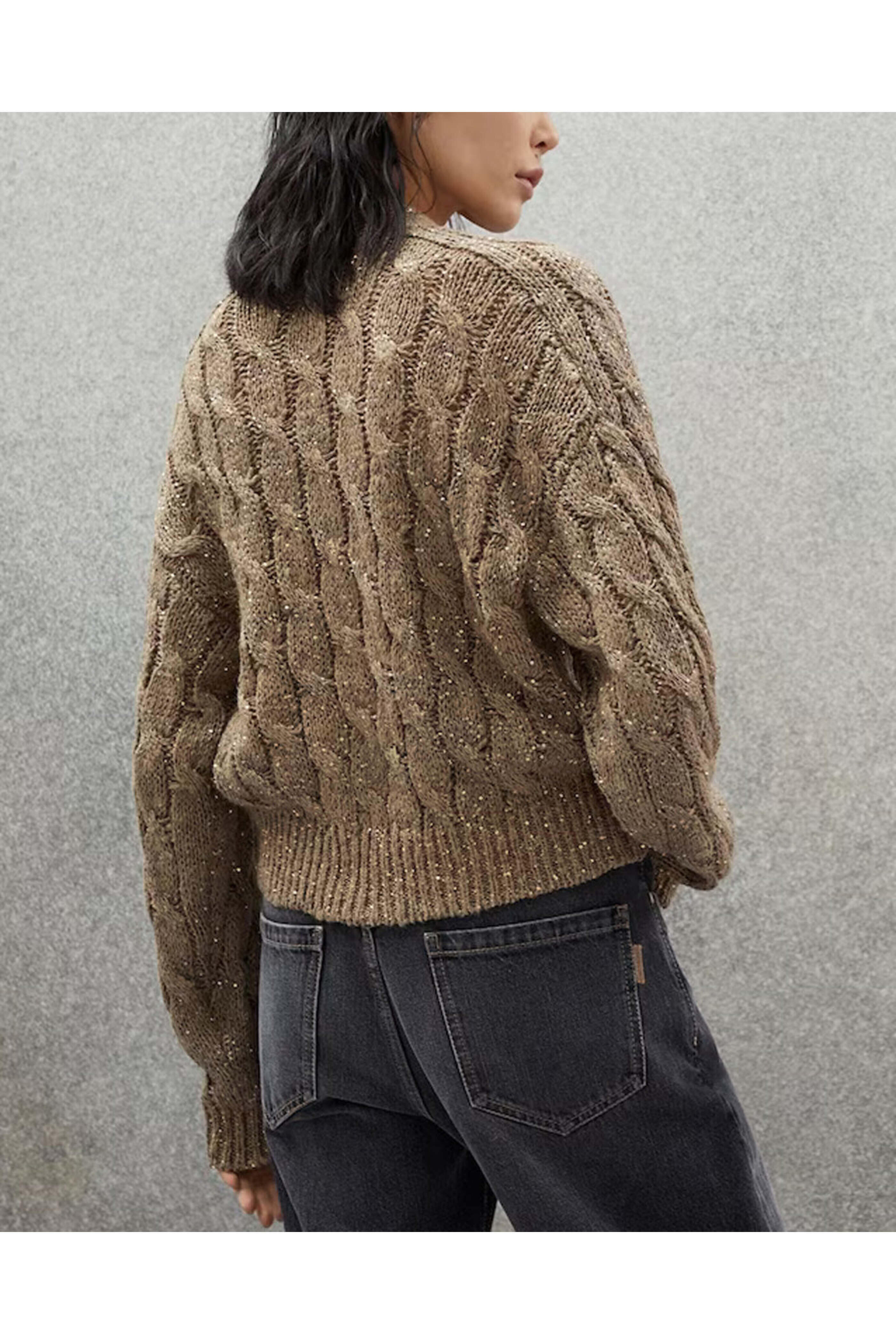 Brunello Cucinelli - Brown Linen Paillette Cable Knit Cardigan