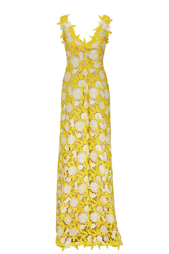 Lela Rose - Lemon Yellow Fruit Guipure Lace V-Neck Maxi Dress