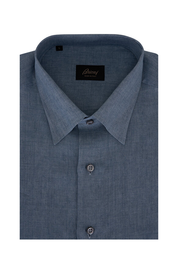 Brioni - Solid Blue Linen Sport Shirt