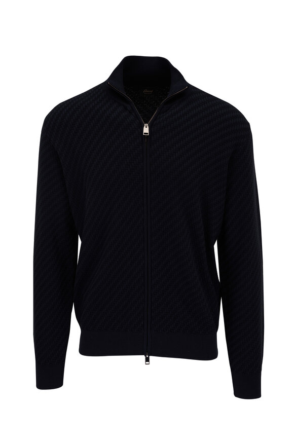 Brioni - Navy Textured Full Zip Sweater 