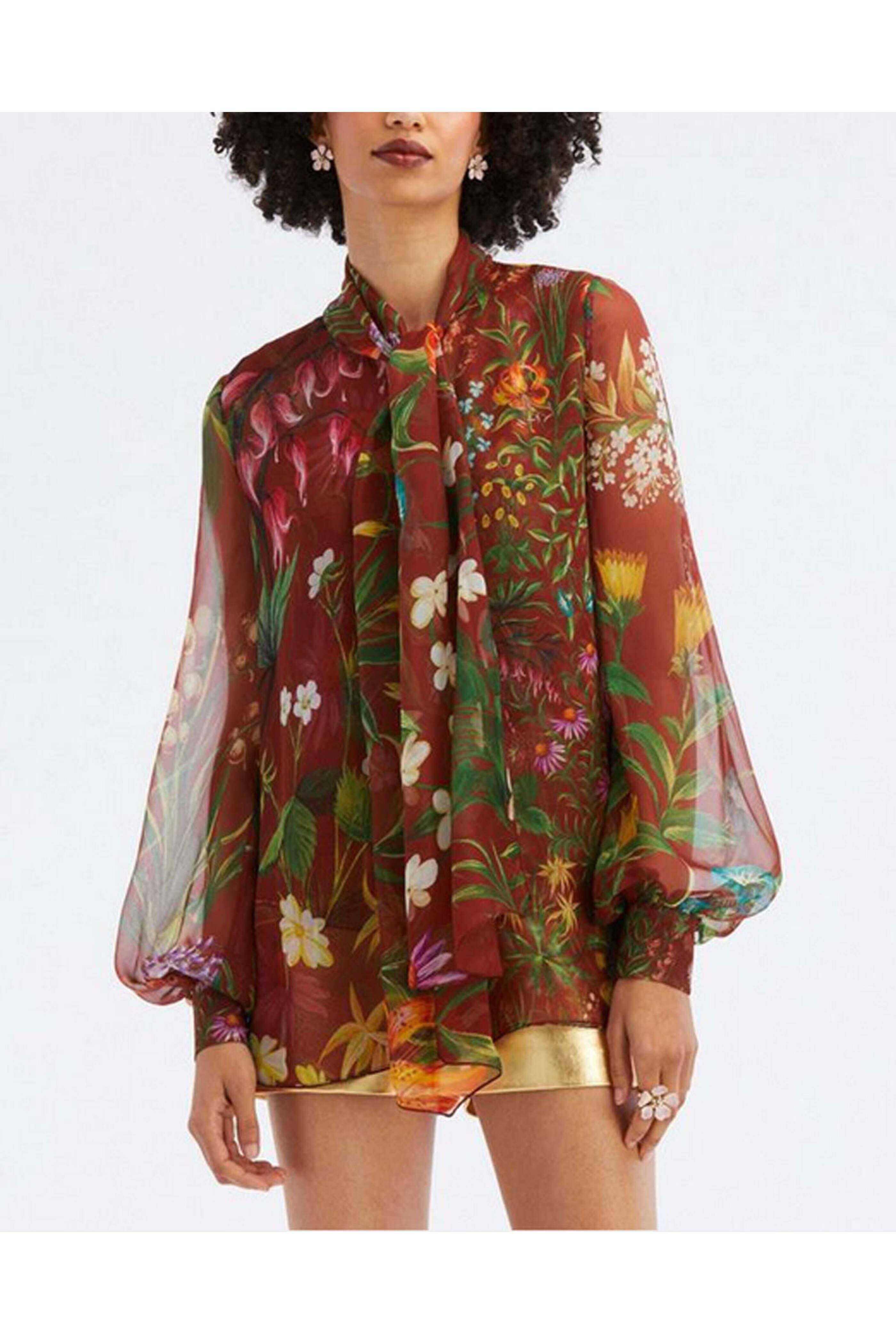 Oscar de la Renta - Rust Floral Tapestry Tie Neck Blouse