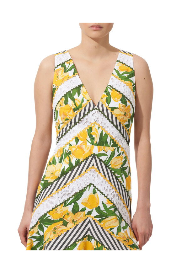 Carolina Herrera - Green & Yellow Embellished V-Neck Dress 