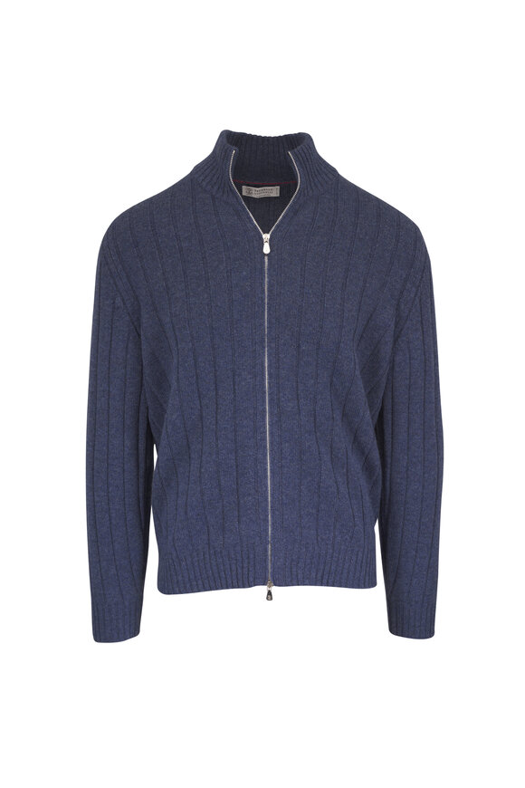 Brunello Cucinelli Denim Cashmere Ribbed Full Zip Sweater - view 1