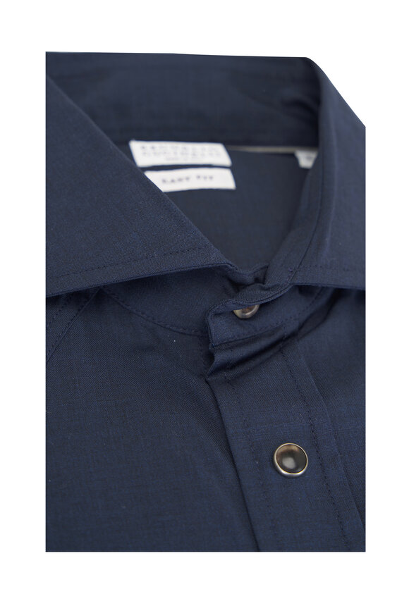 Brunello Cucinelli - Western Dark Blue Wool Sport Shirt